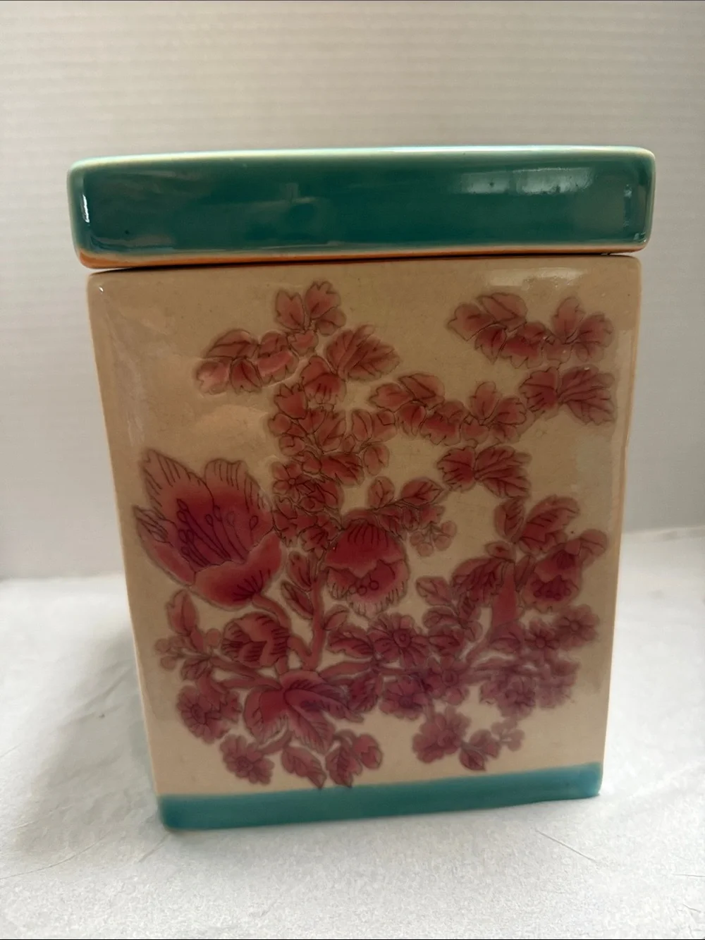 Pier 1 Teal-Trim Floral Ceramic Canister